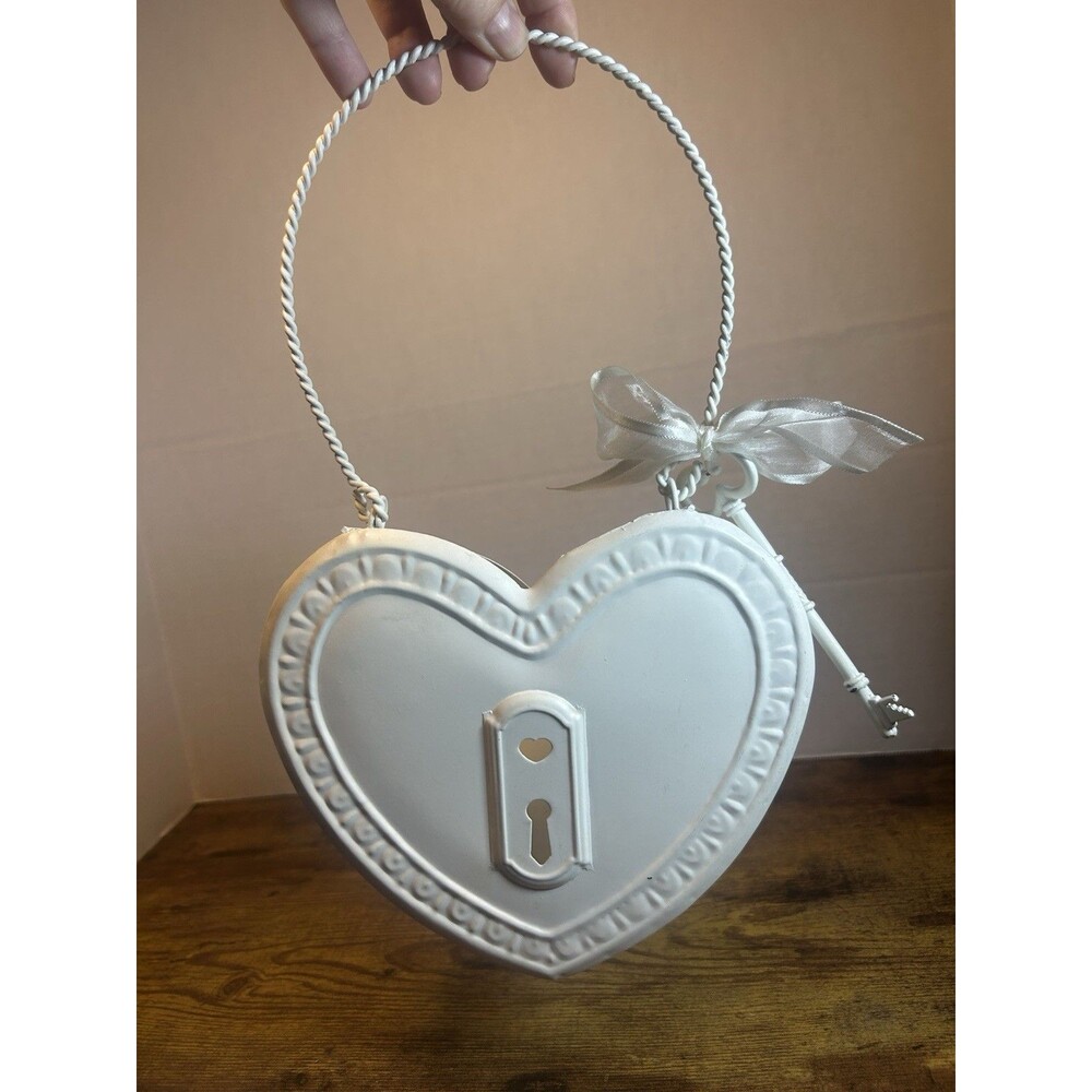 White Metal Heart-Shaped Hanging Lock Box w/ Key Ribbon Bow Small 7in x 5in - Picture 2 of 12